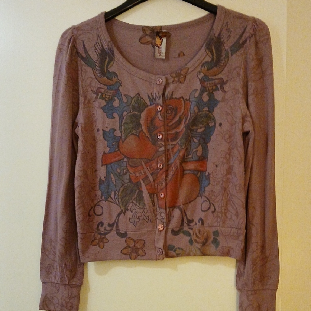 Purple Ed Hardy TATTOO Women's Floral Graphic Crew Neck Sweater